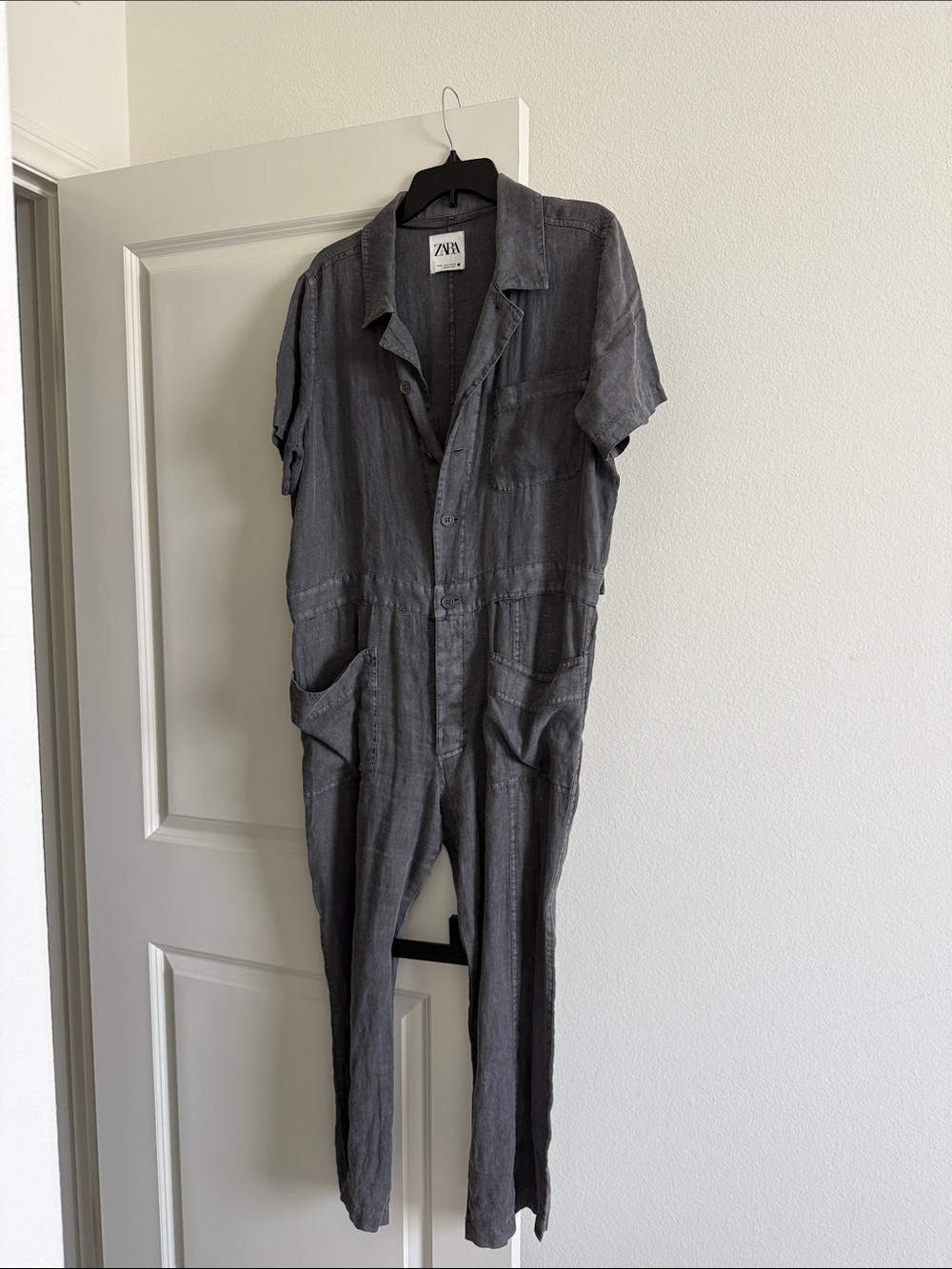 Zara Gray Short-Sleeve Linen-Blend Jumpsuit